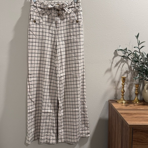 Anthropologie Size 2 Cream Black Windowpane Wide Leg Trouser Pants Linen Blend - Picture 1 of 7